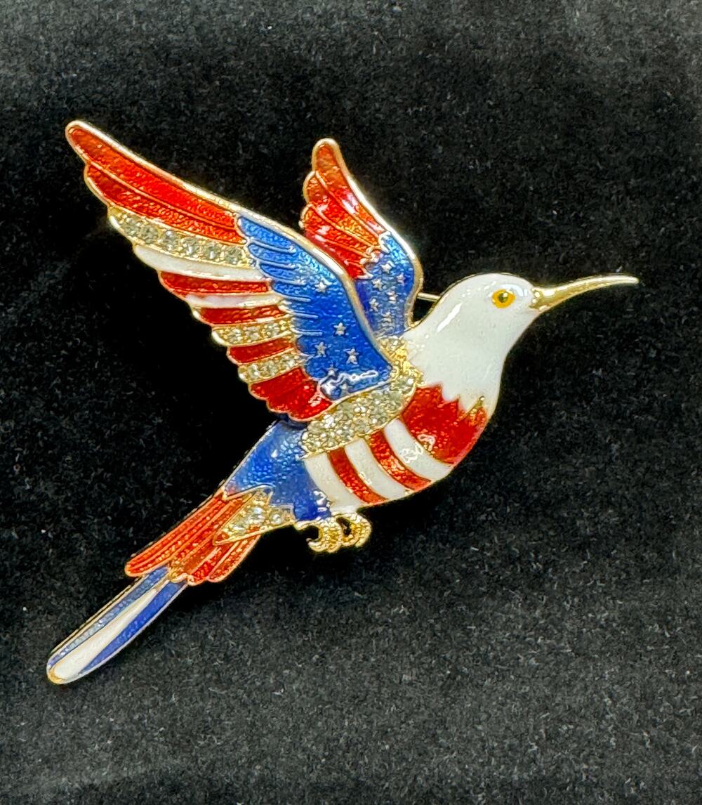 USA Flag Hummingbird Pin Brooch Gold Rhinestone Americana Patriotic 3.5"CP178